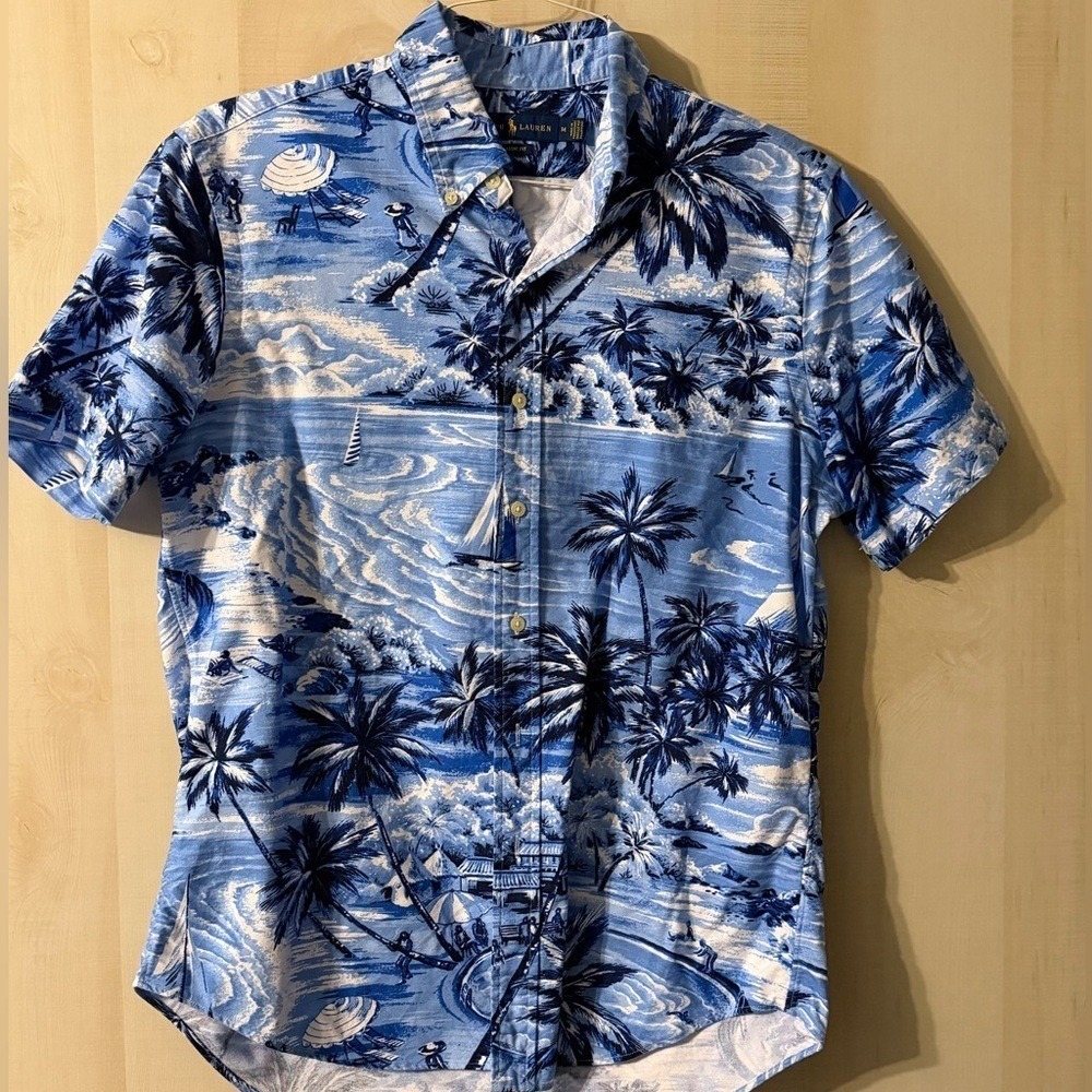 Ralph Lauren short-sleeve button-down shirt blue white tropical island beach MED